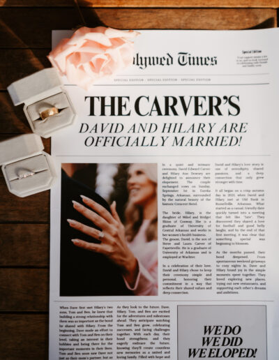 Annoucement newspaper "The Carver's are offically married" with their wedding rings